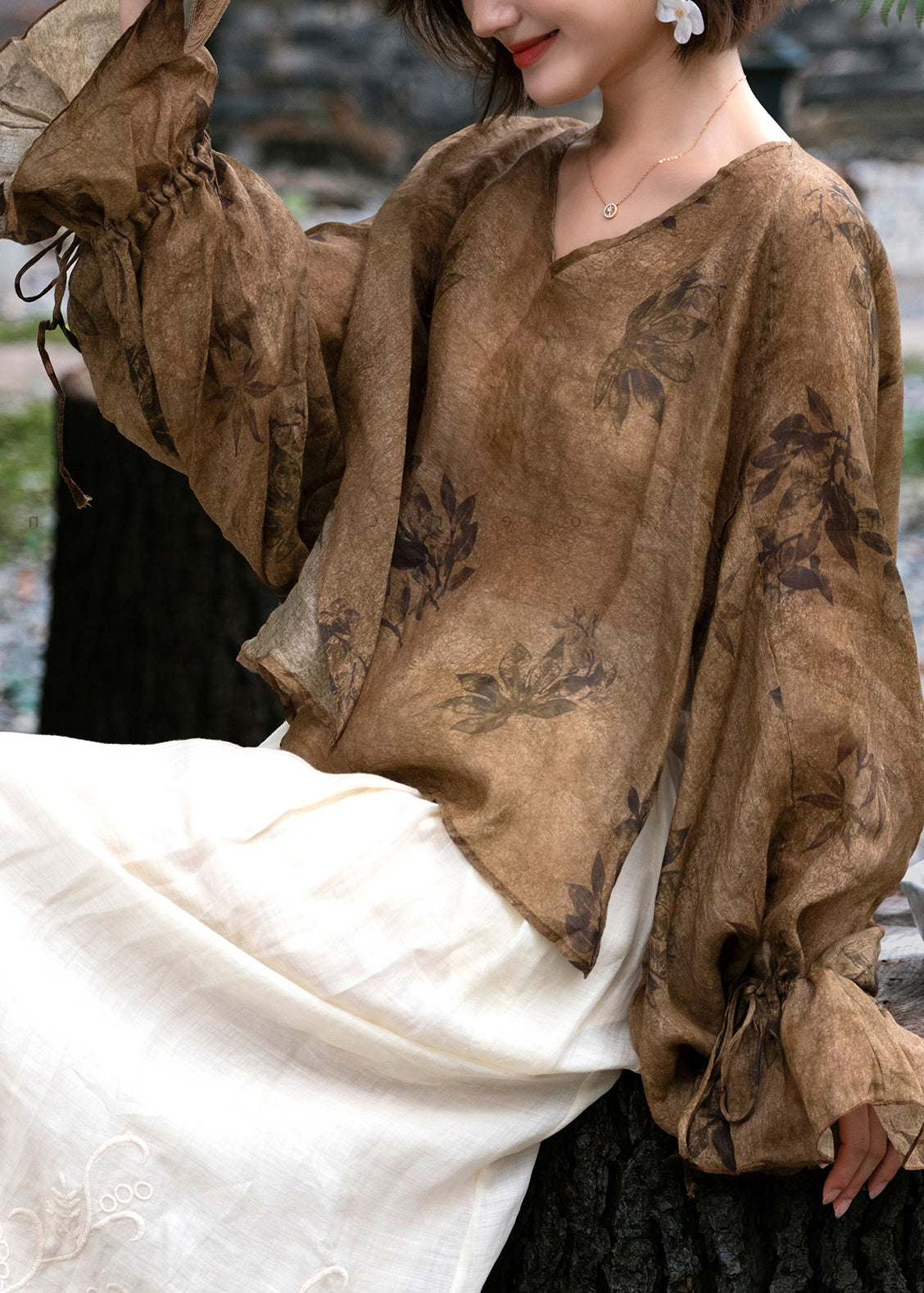 Chinese Style Coffee V Neck Drawstring Linen Shirt Flare Sleeve