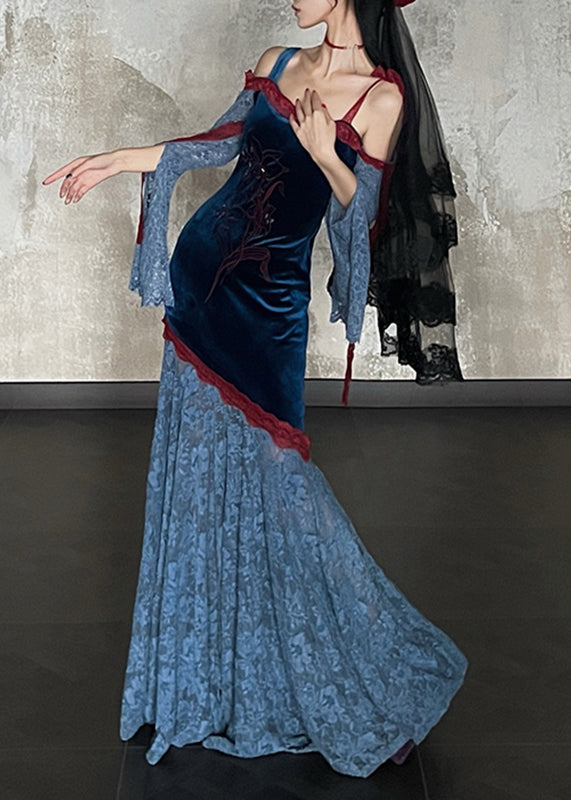 Chinese Style Colorblock Slash Neck Lace Patchwork Silk Velvet Long Dress Fall