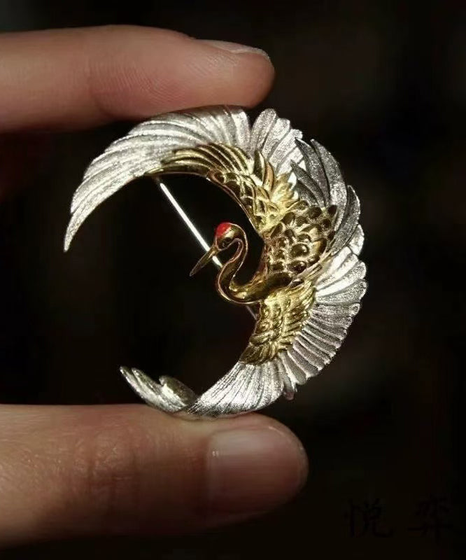 Chinese Style Crescent Crane Wrinkled Patchwork Silver Brooches
