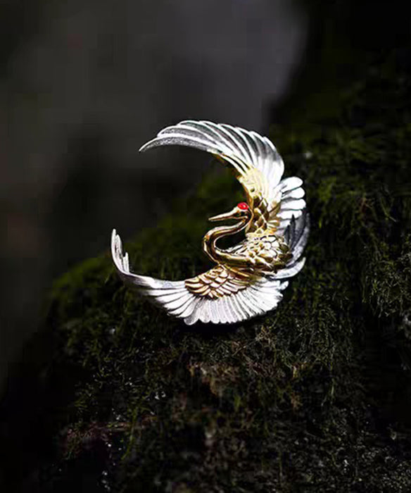 Chinese Style Crescent Crane Wrinkled Patchwork Silver Brooches