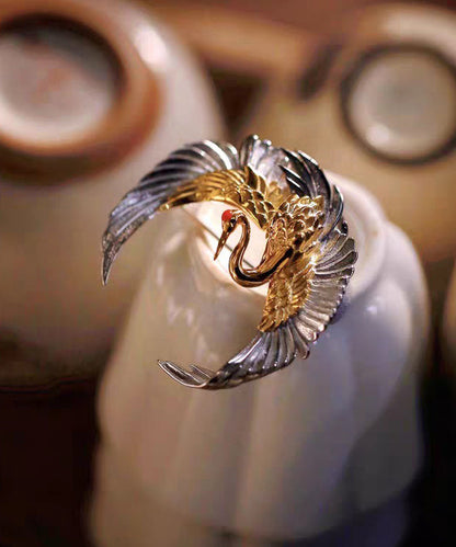 Chinese Style Crescent Crane Wrinkled Patchwork Silver Brooches