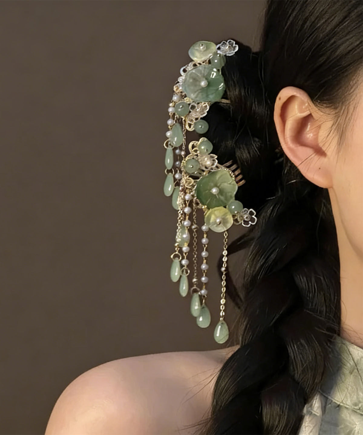 Chinese Style Cyan Sterling Silver Alloy Floral Tassel A Pair Hairpin