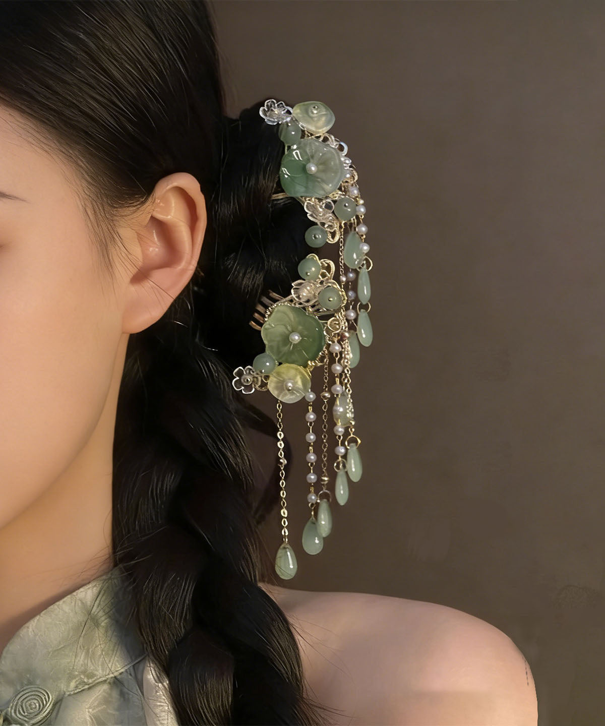 Chinese Style Cyan Sterling Silver Alloy Floral Tassel A Pair Hairpin