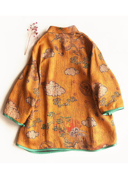 Chinesischen Stil Ingwer Stehkragen Taste Print Seide tops Frühling