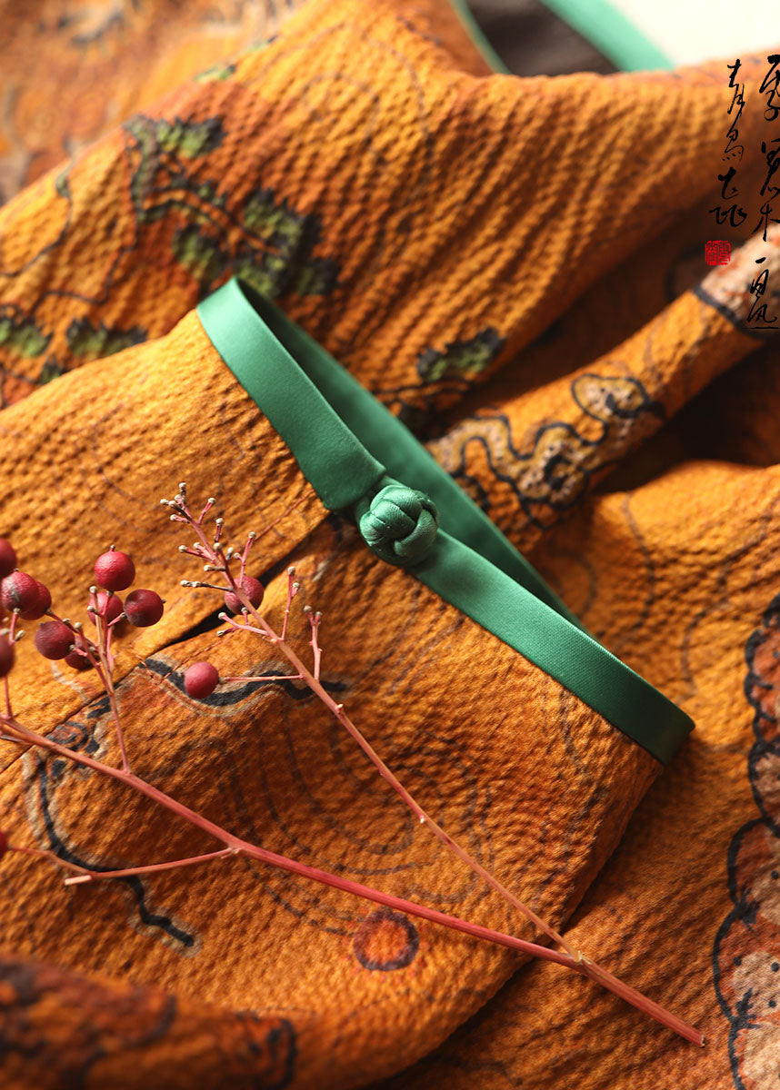 Chinesischen Stil Ingwer Stehkragen Taste Print Seide tops Frühling