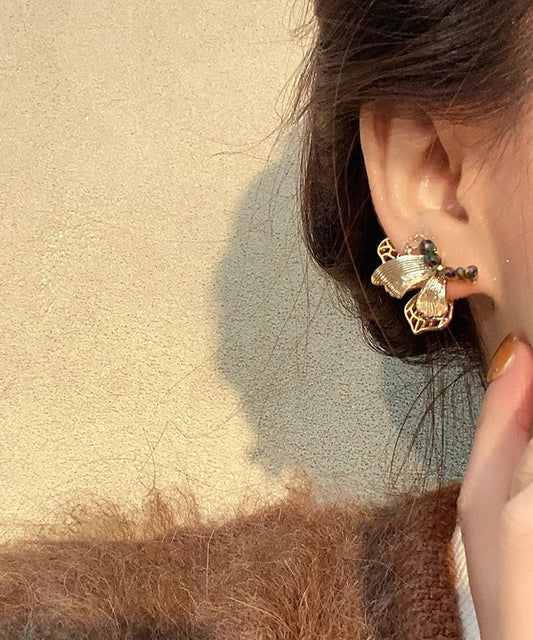 Chinese Style Gold Ancient Dharma Gold Resin Butterfly Stud Earrings