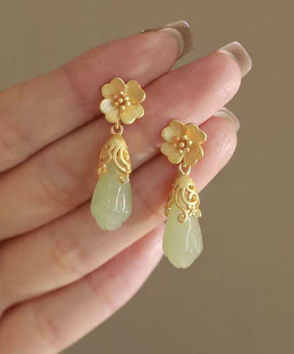 Pendientes colgantes de jade con diseño floral de gotas de agua y aleación de cobre y oro de estilo chino