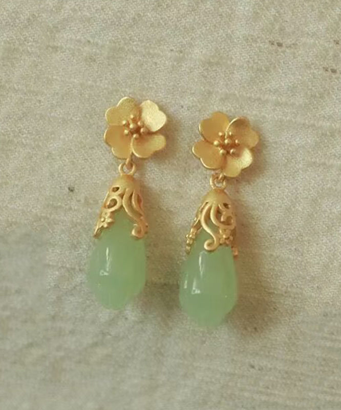 Pendientes colgantes de jade con diseño floral de gotas de agua y aleación de cobre y oro de estilo chino