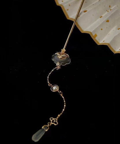 Chinese Style Gold Copper Overgild Pearl Jade Tassel Hairpin