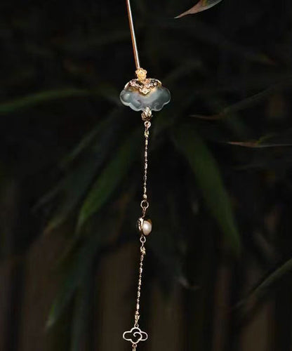 Chinese Style Gold Copper Overgild Pearl Jade Tassel Hairpin