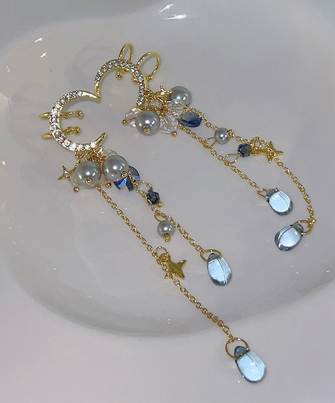 Ohrringe im chinesischen Stil, vergoldet mit Kupfer, Zirkonia und Mondquaste