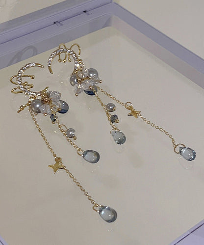 Ohrringe im chinesischen Stil, vergoldet mit Kupfer, Zirkonia und Mondquaste