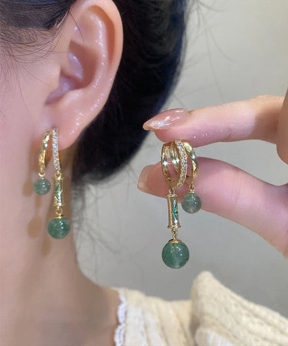 Chinese Style Gold Copper Zircon Cat's Eye Drop Earrings