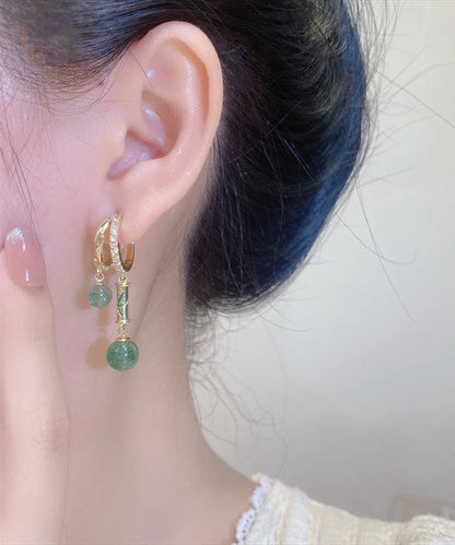 Chinese Style Gold Copper Zircon Cat's Eye Drop Earrings