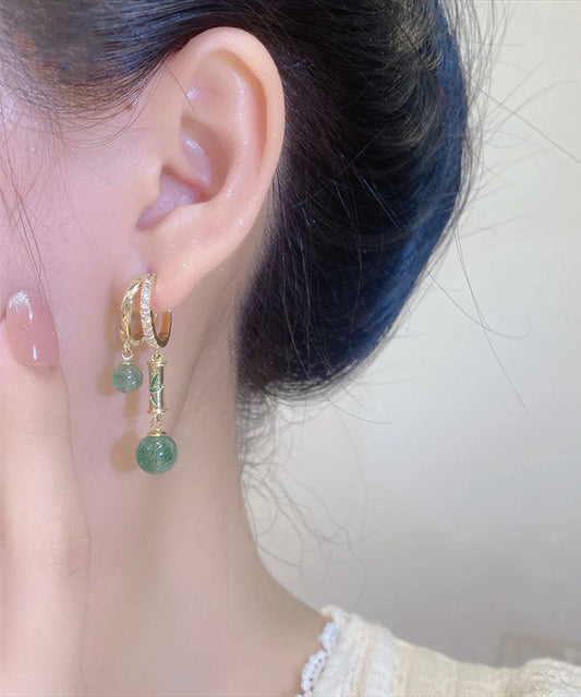 Chinese Style Gold Copper Zircon Cat's Eye Drop Earrings