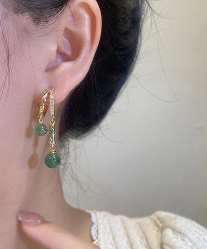 Chinese Style Gold Copper Zircon Cat's Eye Drop Earrings