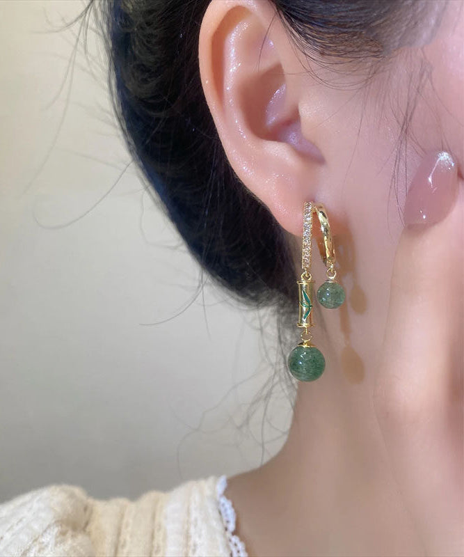 Chinese Style Gold Copper Zircon Cat's Eye Drop Earrings