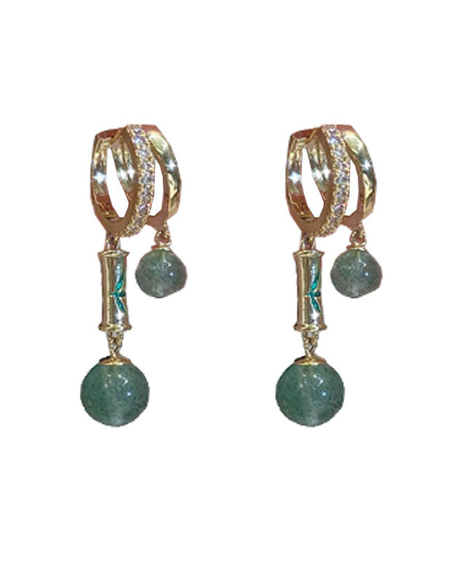 Chinese Style Gold Copper Zircon Cat's Eye Drop Earrings