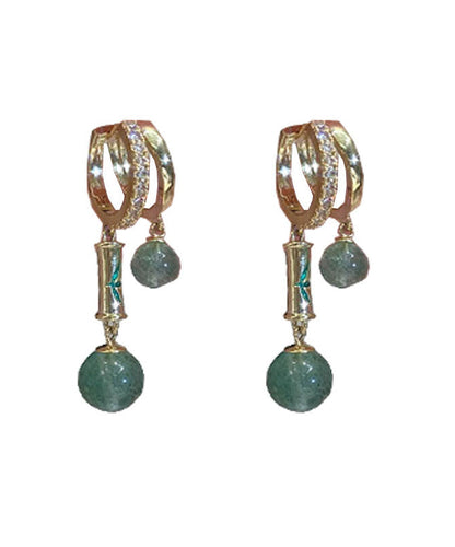 Chinese Style Gold Copper Zircon Cat's Eye Drop Earrings