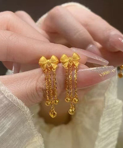 Chinese Style Gold Sterling Silver Overgild Bow Tassel Drop Earrings