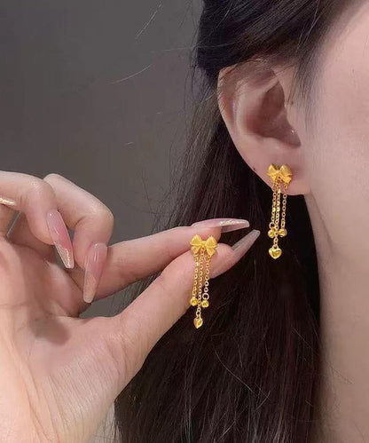 Chinese Style Gold Sterling Silver Overgild Bow Tassel Drop Earrings