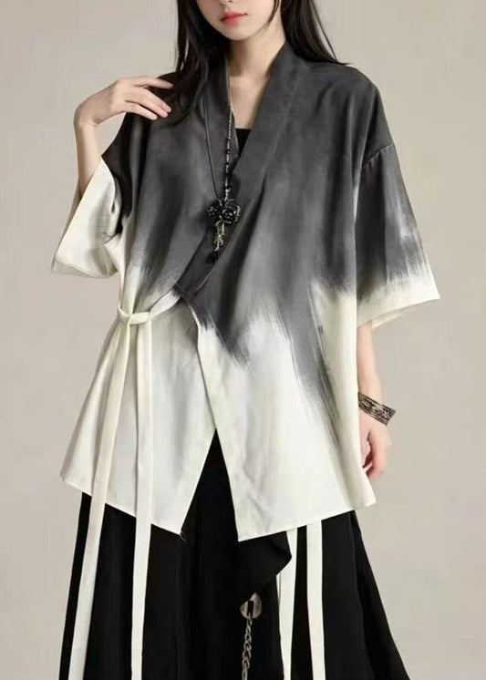 Chinese Style Gradient Color V Neck Lace Up Cotton Top Summer