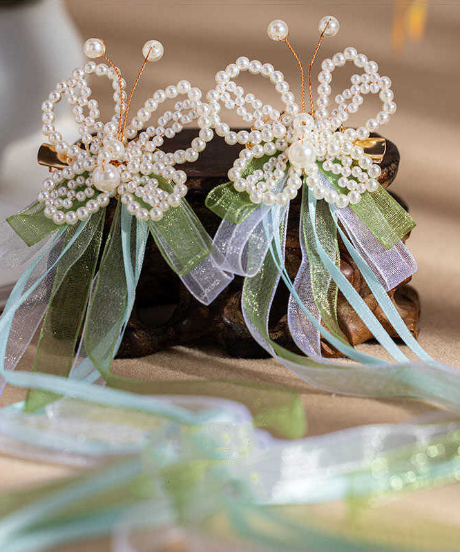 Horquilla de cinta con borla de mariposa y perla de aleación verde de estilo chino
