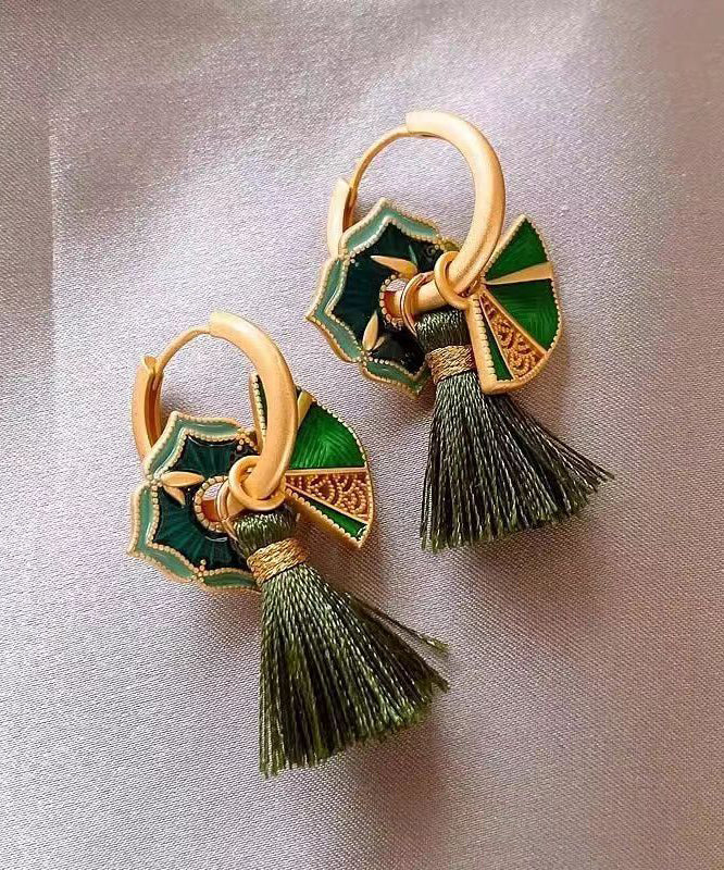 Pendientes colgantes con borlas de aleación de cobre verde de estilo chino