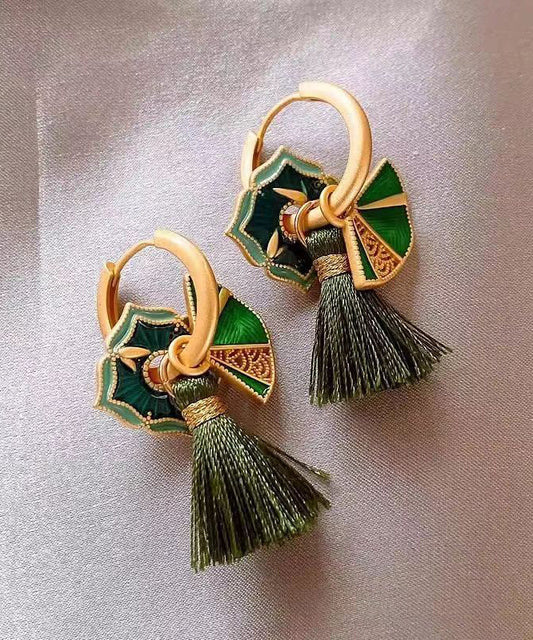Pendientes colgantes con borlas de aleación de cobre verde de estilo chino