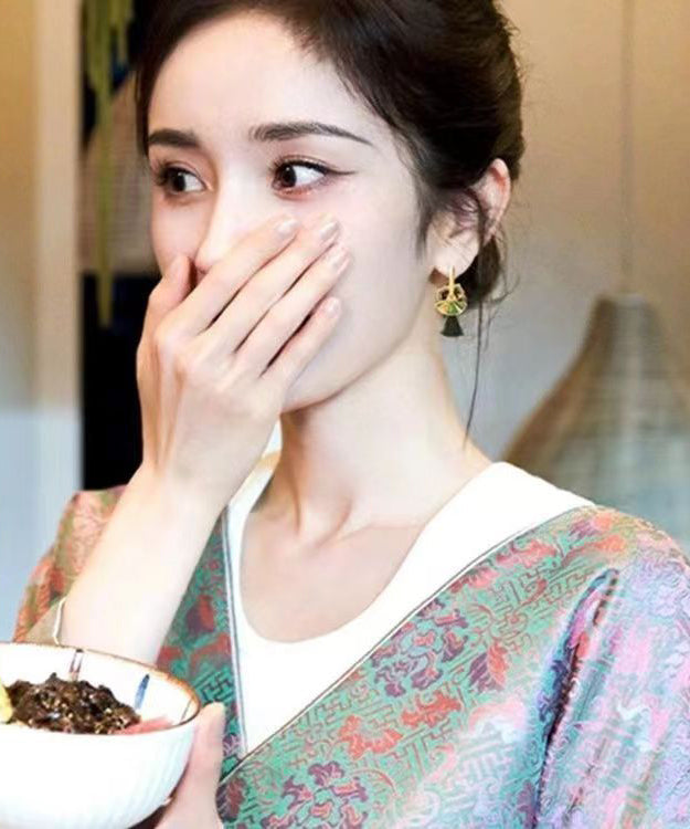 Pendientes colgantes con borlas de aleación de cobre verde de estilo chino