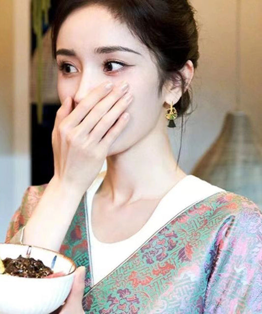 Pendientes colgantes con borlas de aleación de cobre verde de estilo chino