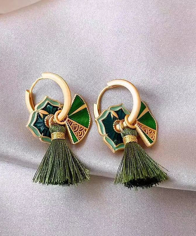 Pendientes colgantes con borlas de aleación de cobre verde de estilo chino
