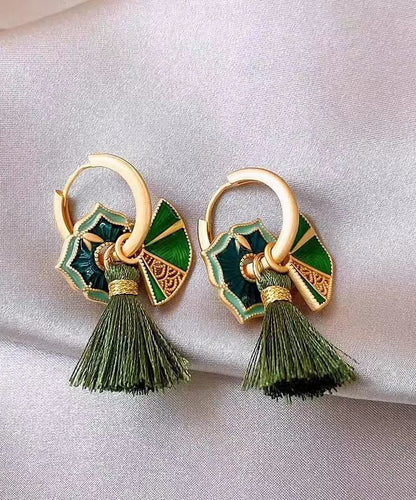 Pendientes colgantes con borlas de aleación de cobre verde de estilo chino