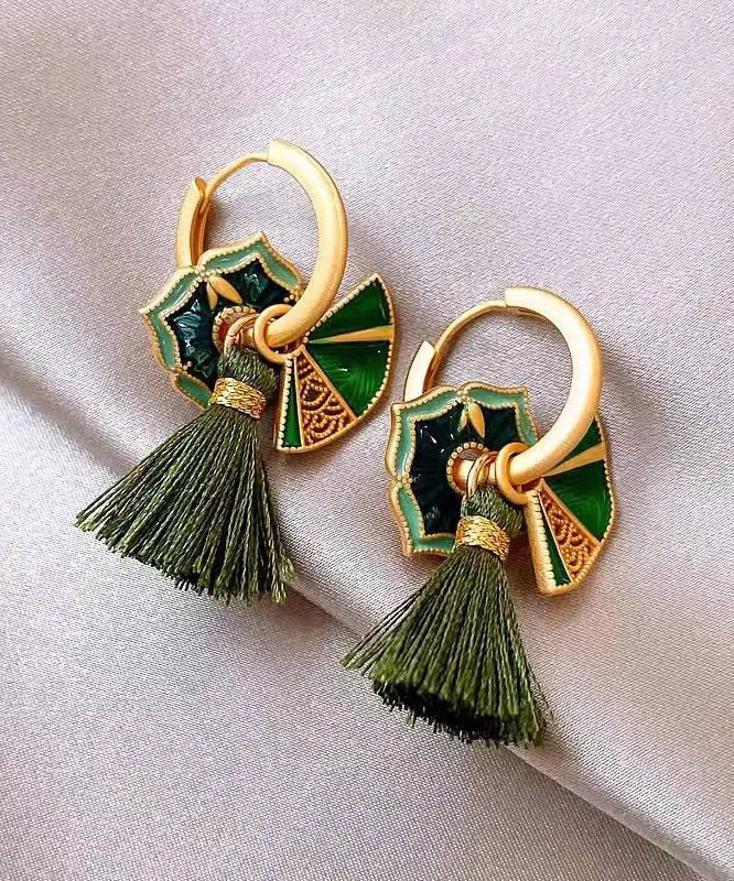 Pendientes colgantes con borlas de aleación de cobre verde de estilo chino
