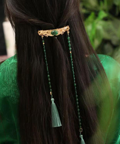 Chinese Style Green Copper Overgild Agate Pearl Tassel Hairpin