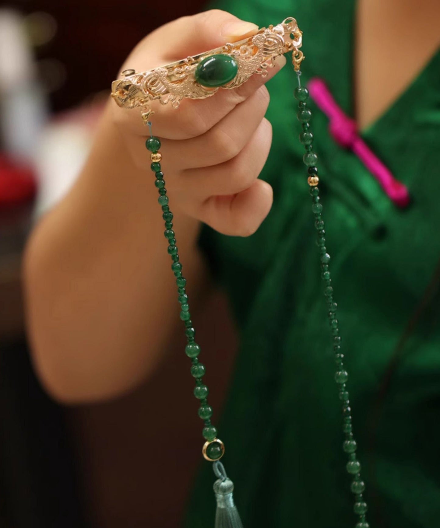 Chinese Style Green Copper Overgild Agate Pearl Tassel Hairpin