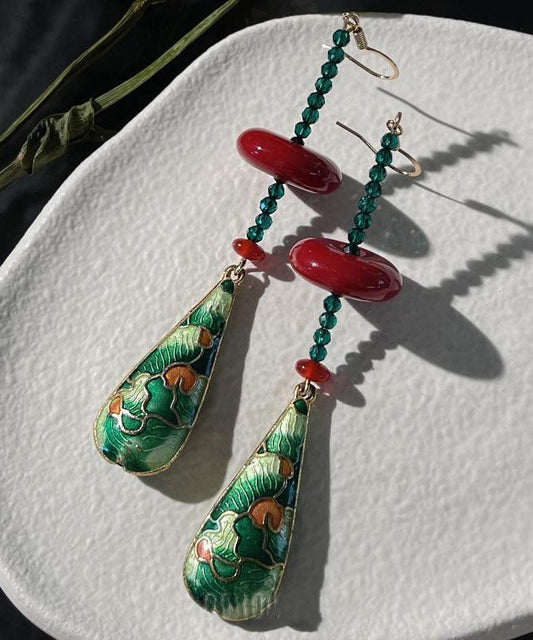 Chinese Style Green Copper Overgild Agate Resin Water Droplet Drop Earrings
