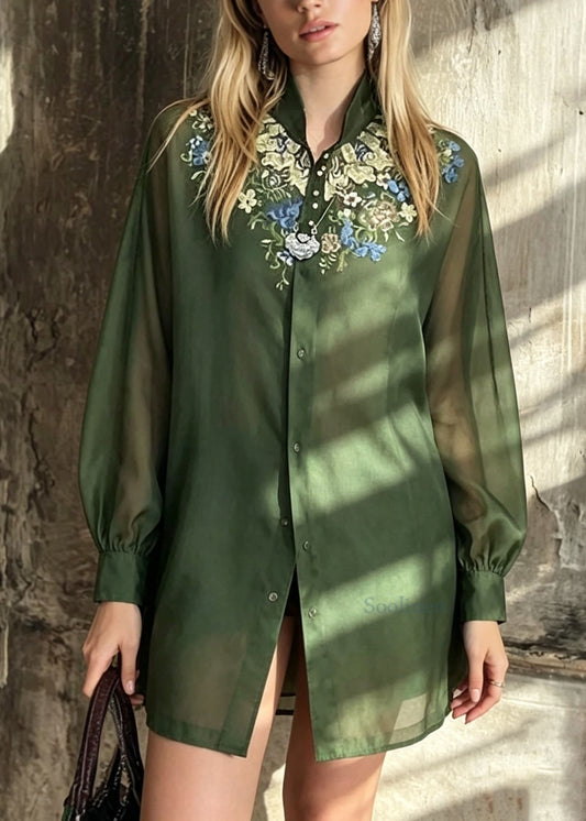 Chinese Style Green Embroidered Patchwork Cotton Tops Fall