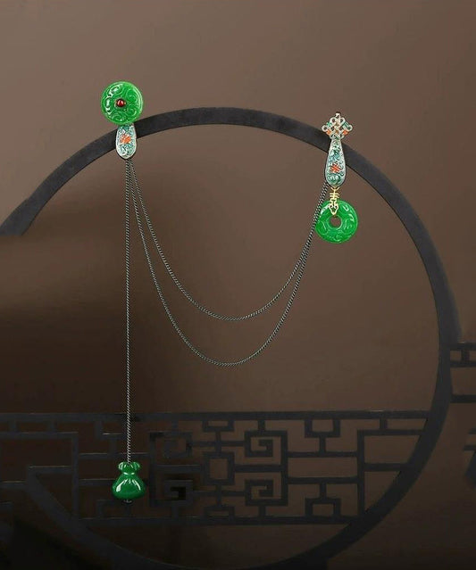 Broschen im chinesischen Stil mit grünen Jade-Cloisonné-Quasten und Granatapfel-Granat-Verzierungen