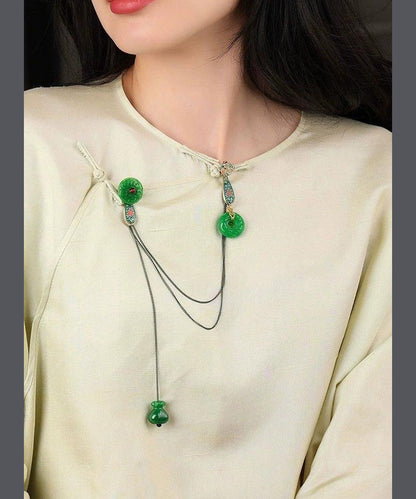 Broschen im chinesischen Stil mit grünen Jade-Cloisonné-Quasten und Granatapfel-Granat-Verzierungen