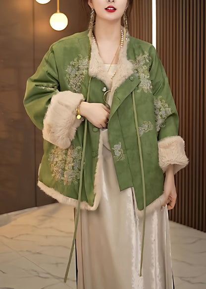 Chinesischer Stil, grüner, flauschiger Patchwork-Fleecemantel mit Schnürung, warm für den Winter