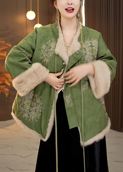 Chinesischer Stil, grüner, flauschiger Patchwork-Fleecemantel mit Schnürung, warm für den Winter