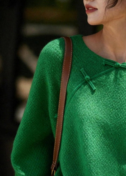 Suéter de punto de algodón sólido acogedor con cuello redondo verde estilo chino de patchwork para primavera