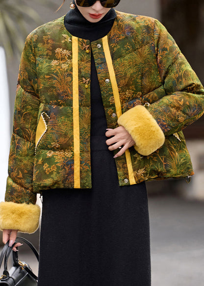 Chinese Style Green O Neck Print Duck Down Down Coat Winter