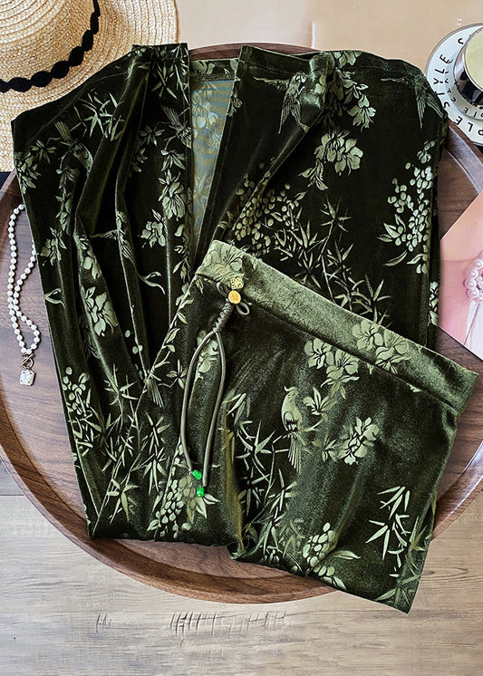 Seidensamt-Röcke im chinesischen Stil mit grünem Print, rückenfreiem Design und hoher Taille, hochgeschnitten