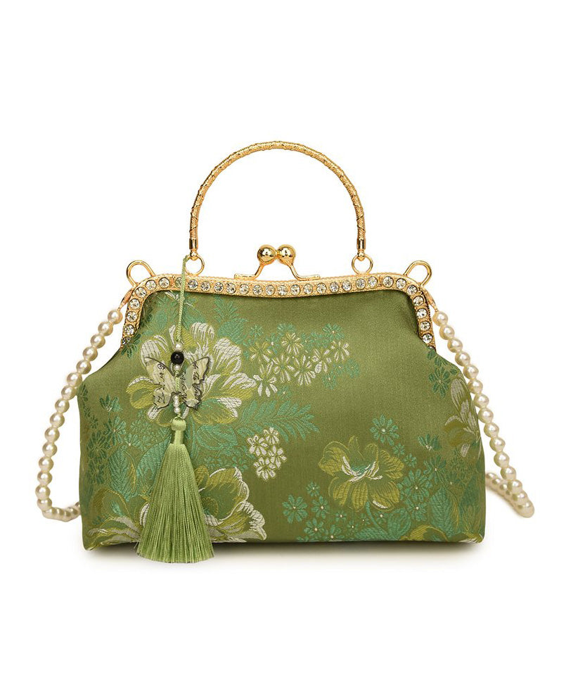 Chinese Style Green Print Tassel Zircon Tote Bag