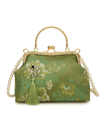 Chinese Style Green Print Tassel Zircon Tote Bag