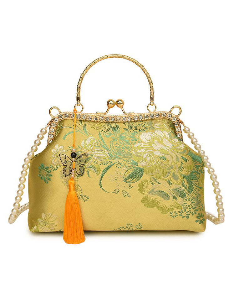 Chinese Style Green Print Tassel Zircon Tote Bag