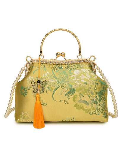 Chinese Style Green Print Tassel Zircon Tote Bag