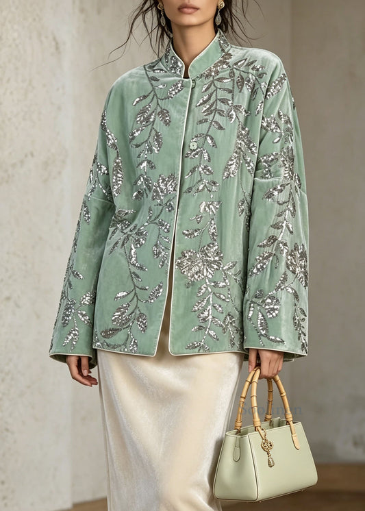 Chinese Style Green Sequins Embroidered Velvet Coat Fall